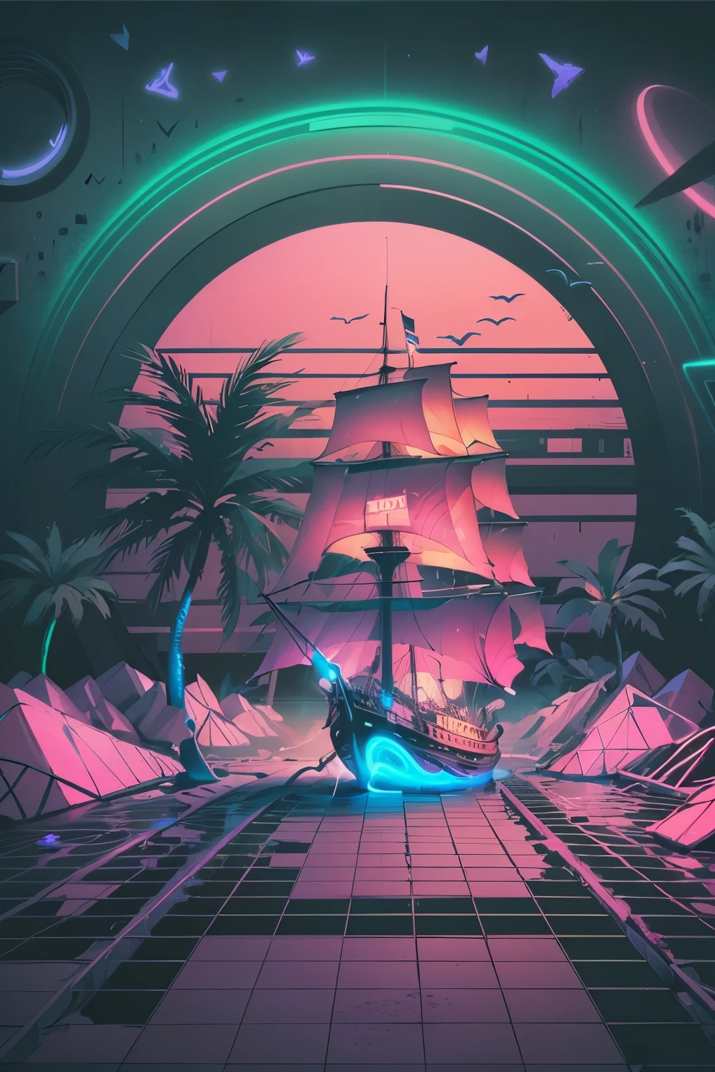 vaporwave artwork, rich strong neon color, purple neon color, pink neon color, sky blue neon color, rainbow neon color