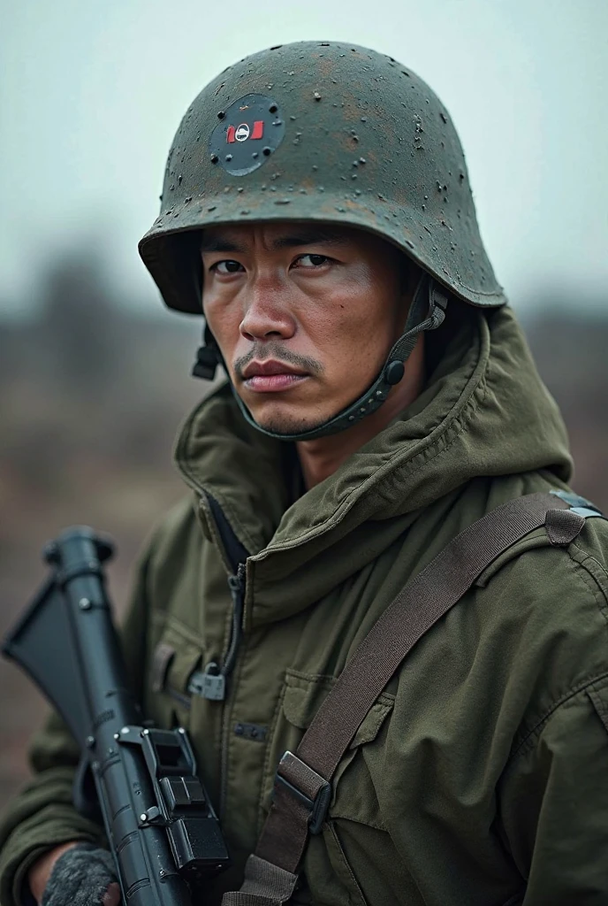 A Chinese man wearing an army camouflage military coat,Snow-capped mountains in the background,Need close-ups of characters --auto --s2