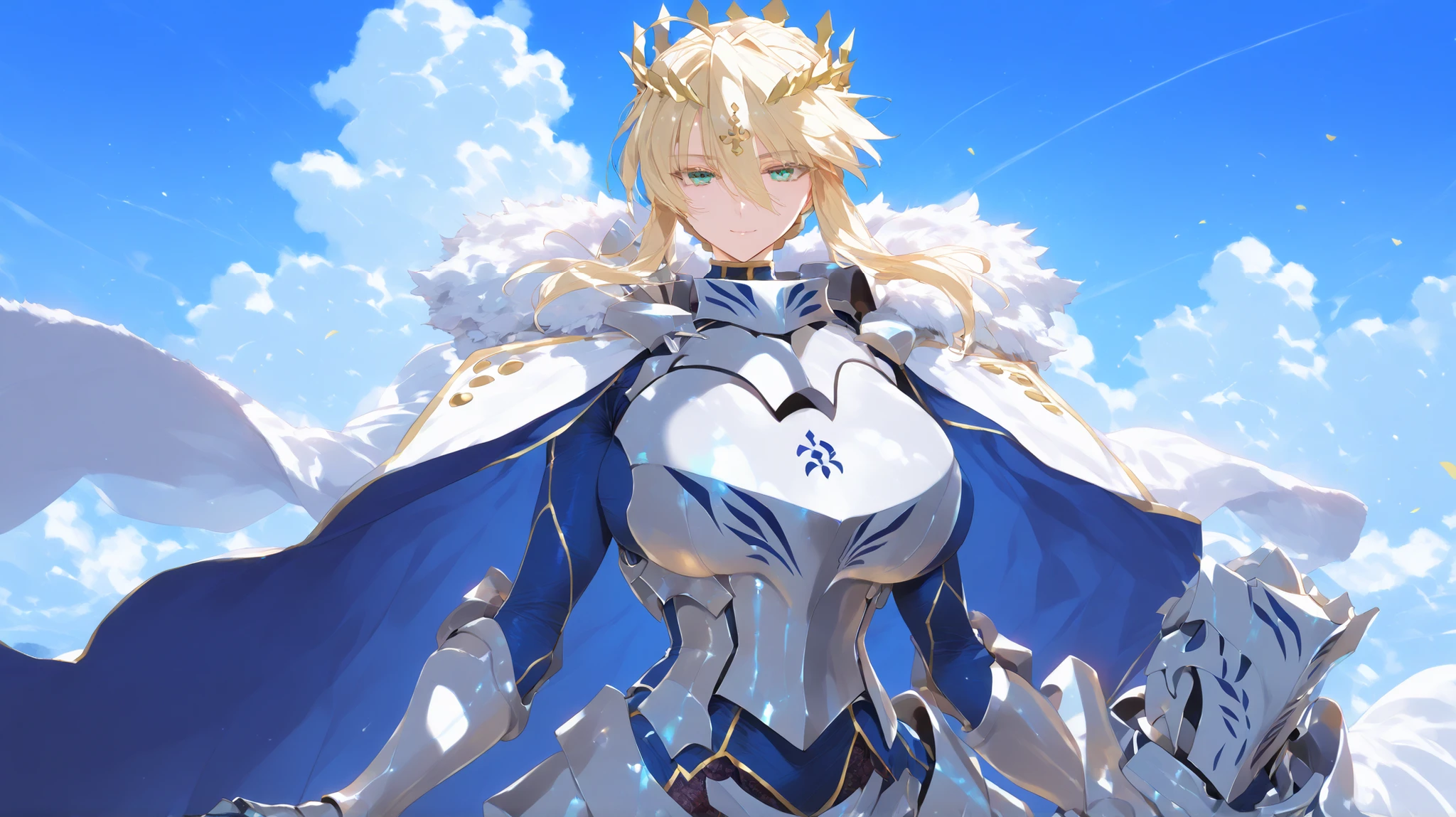 Masterpiece, SFW, very aesthetic, elegant mature woman, artoria pendragon (lancer) (fate), artoria Pendragon Armor, battle worn armor, breastplate,, visual novel cg style, breast armor (covered breasts) , full lace body tights, white armor , fur trim and white cape armor , covered chest armor, Armor, , looking at viewer, slight smile, summer, daytime, blue sky background, beautiful clouds,