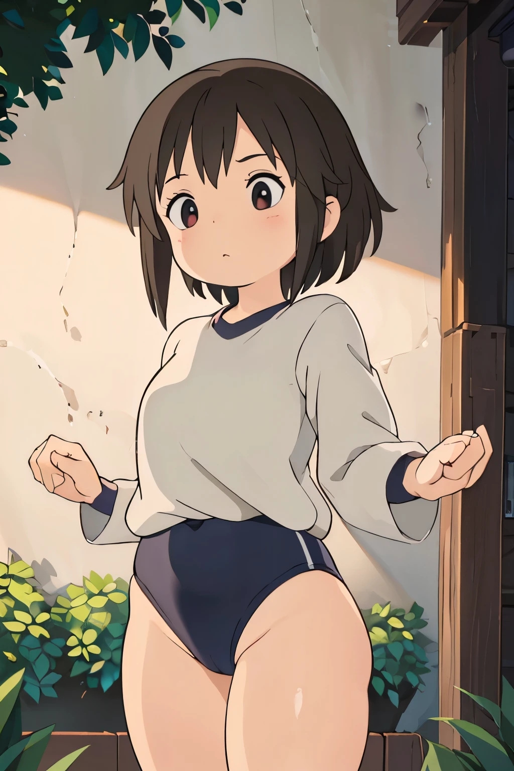 (masterpiece, highest quality), 1 girl, beautiful face, beautiful body, wearing a Black gymnastics bloomers, High leg、white blouse, cowboy shot、Are standing、full body portrait、alone, complex details, enlarged textures, complex details, finely detailed eyes and detailed face, intricate details, (closed mouth), perfect eyes, equal eyes, perfect body, extremely detailed, (), extremely realistic 3d,In a dark forest,
