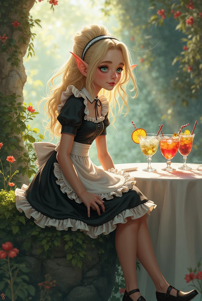 Image is a vibrant, whimsical digital illustration featuring a fantasy pretty doll-like  character resembling a pretty girl with elven attributes. The character is seated on a mossy covered jagged rock. She is looking to her right and wearing a black and white striped maid's uniform with small and frilly apron. The background is a dreamy, dining room setting with soft, diffused lighting and various cocktails on a small table.  