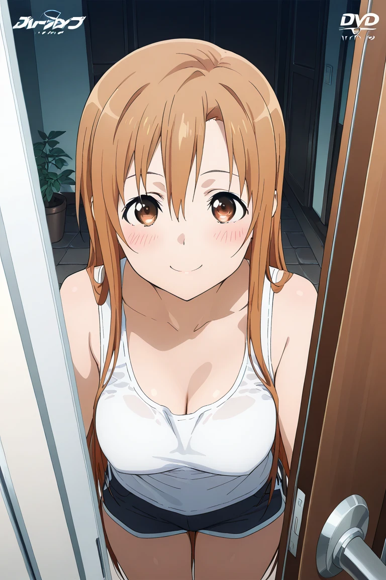 (Best Quality, masutepiece, High resolution, anime screen cap, anime colours, offcial art, poster for), (long, Straight Light Brown Hair:1.5), Yuuki Asuna, A smile, (extra large saggy breasts:2.0, cleavage:1.5), (Thin fabric, White Micro Bikini:1.8, no-bra:1.5), Slimed, Lower your arms, (Leaning forward:1.5, Front composition:1.5), Looking At Other, Upper body, Bedrooms, (Perfect Anatomy, perfect detailed body, Eyes and hair in beautiful detail, Beautiful breasts and skin), Close-up on the chest
