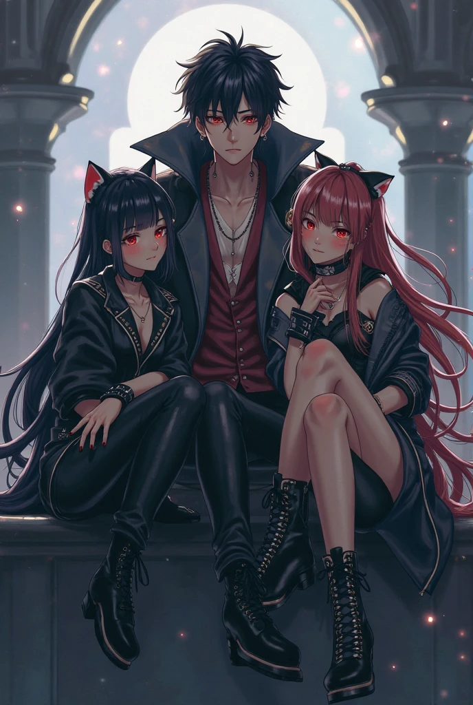 Genera 3 personajes de anime un hombre y dos mujeres El hombre con pelo rojo y mechones negros ropa negra fumando Con horns y Red eyes la Mujer 1 Blanca, black hair somewhat curly, Red eyes, shoulder length hair, busto grande y horns y la mujer 2 Morena, short straight hair, braids on the sides, elegant, horns, tired face and eye shadow