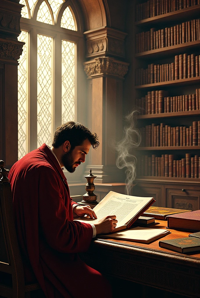 Give image of Dr Faustus in his study, flipping through books 
