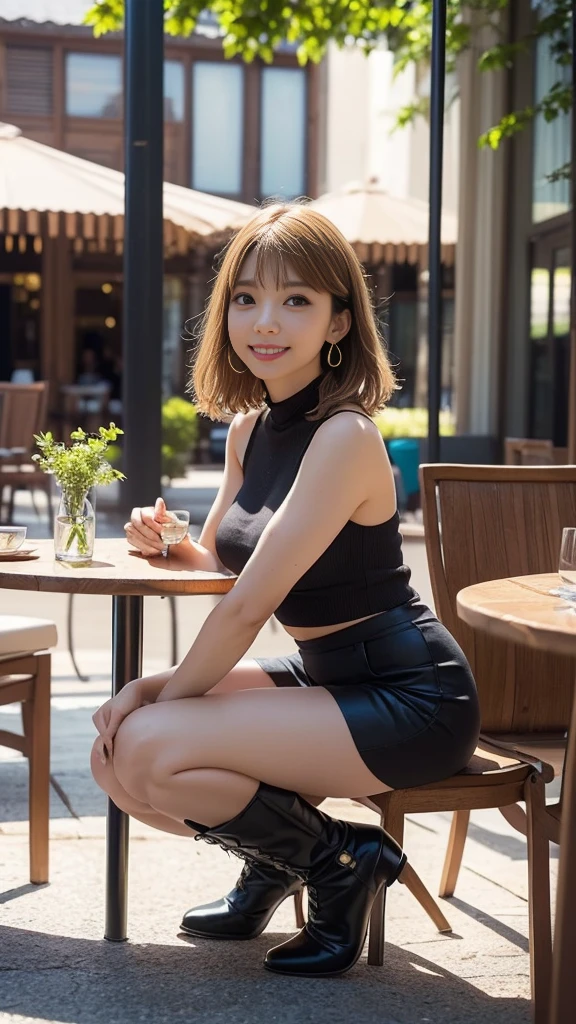 最high quality, In 8K, Masseter region, Vibrant, Sharp focus, high quality, High resolution, Detailed face, fine grain, Red lips, (Observe the audience), alone, Beautiful woman, 38 years old, (Very short black hair:1.3)、(Bob Hair)、(Standard body type)、(D cup breasts)、 Cleavage, , afternoon、(Italy、Milan、The square in front of the church:1.5),(Sit on a bench:1.5)、(Bright orange latex dress:1.6)、(Knee-length skirt:1.6)、(Black pumps:1.5)、(smile:1.3)、