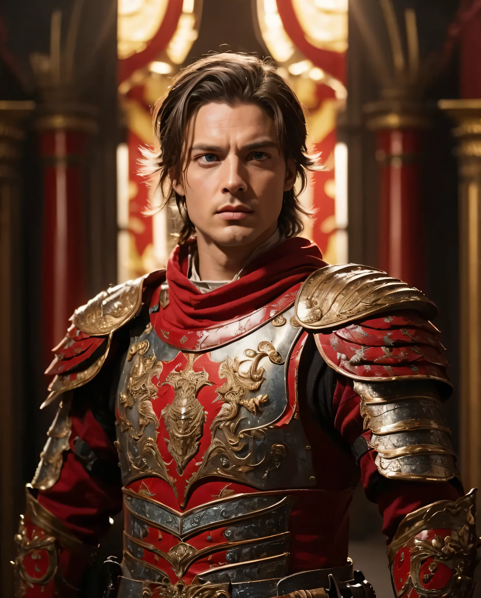 A General, he has blue eyes and brown hair. He is wearing full red armour. Realistic with cinematic vibe.