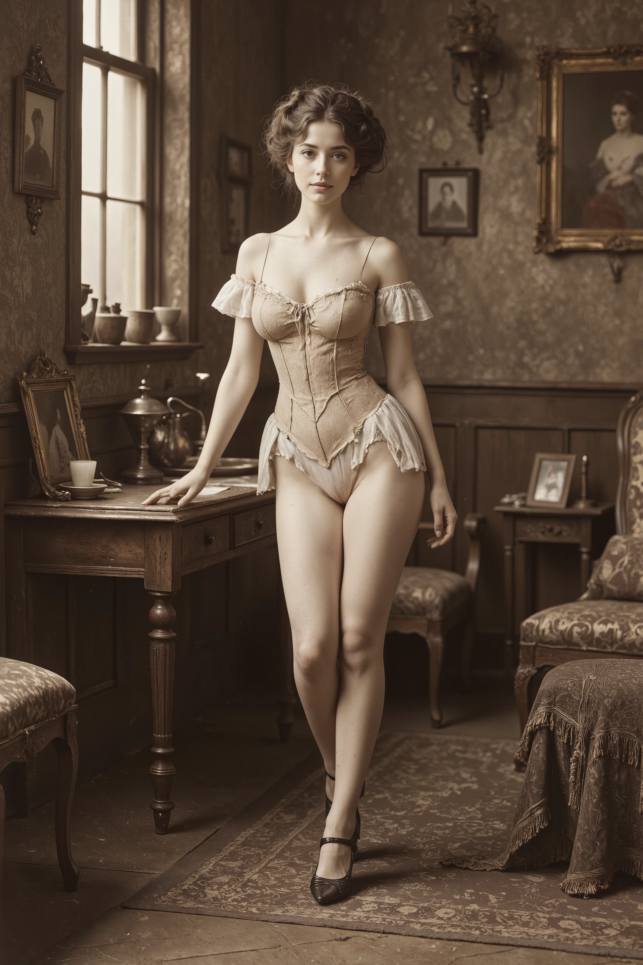 antqgldnCE style, NSFW,
Full-body photo of a young prostitute Marie Antoinette for advertising,
This photo was taken in a high-class brothel,
19th century photograph, antique photograph, sepia-toned photograph, natural smile, Her name, Her price, Photo date,