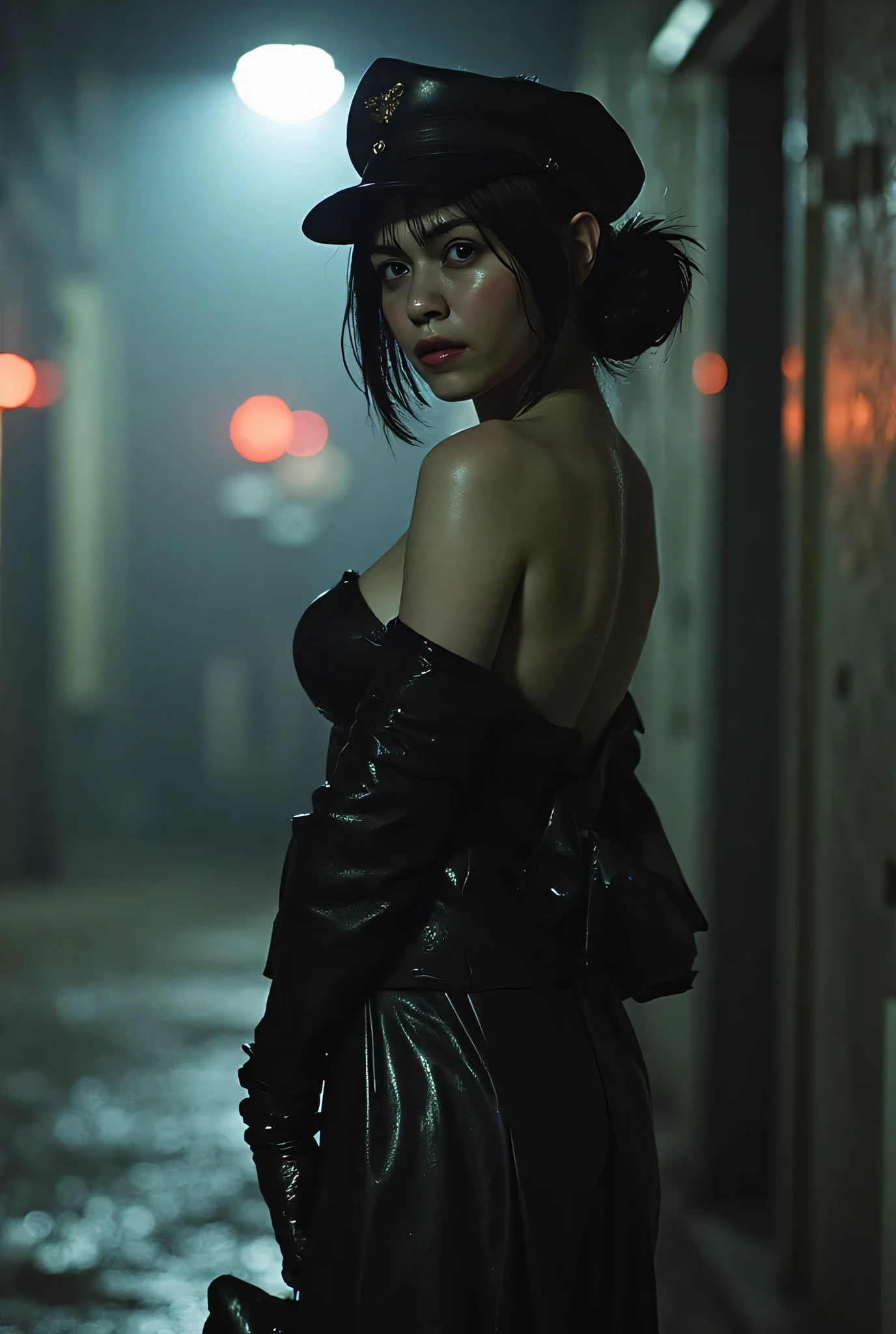 (((Burning Up Early 20th Century European Town:2.0))),((Midnight City:1.7)),(((WW2 Era Atmosphere:2.0))),side view from the back,Side pose,((Looking back and looking at the camera:2.0)),((look back over my shoulder:2.0)),Rear View,One female clown,(cute face:2.0),(Beautiful well-balanced face :2.0),((Twin tails with bangs:2.0)),(Beautiful Eyes:1.3),glamorous shot of a 20-year-old Japanese woman,Beautiful slender body,((model body type:2.0)),((slim body:1.7)),Perfect Body Line,ideal proportions,(big breasts:2.0),((スリーサイズ90-58-86:3.0)),((G Cup Breasts:2.0)), popup,Bare thighs,Sensual Thighs,delicate body,(muscular:1.5),((beautiful tight butt:2.0)),((cute ass:2.0)), ((((bare ass :2.0)))),(((T-back:2.0))),natural posture,(Realistic breast depiction :1.5),Carefully Depicting Limbs Based on Perfect Anatomy,((Black Super High Leg Leotards in Nazi Military Uniforms:1.5)),((Fitted Latex Super Hi-Leg Leotard:2.0)),((Leather long coat with an open back over a leotard:2.0)),((rough mesh black fishnet tights:2.0)),((Nazi Army General's Hat:2.0)),(gloves:1.3),concept art,(top quality:1.5),(masterpiece:1.5),(超高resolution),resolution,UHD,(delicate depiction), carefully drawn with butterfly wings ,32k,((realistic skin texture:1.5)),(((super realistic:1.5))),carefully draw eyelashes,highly detailed face,Highly detailed female hand,Extremely Sensual,(Blurry Dim Backgrounds :1.5),Professional Photography,(movie lights:2.0),((Blade Runner style lighting:2.0))