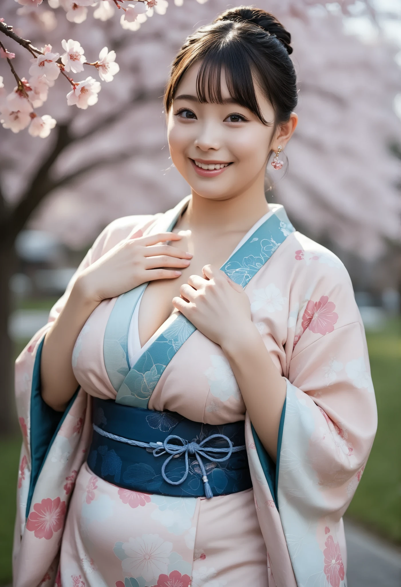 best qualtiy,tmasterpiece,ultra high resolution,(Realism:1.4),RAW photogr,1girll,bun hair,Face Highlighting,Pure,Girly,Flushing,18yr old,18-year-old smiling female classmate,Pure,Innocent,(best qualtiy,8K,tmasterpiece:1.3),Goose egg face,largeeyes,long eyelasher,Exquisite(live-action realistic style),((photo full body)), full body shot, Star-like eyes,Ultimate face,Photorealistic light and shadow,Clear facial featureilky white skin,Fair skin, highdetailskin, Realistic skin details, Visible Pore,(Super detail),(perfect bodies:1.1),long whitr hair,(dynamicposes),((Dynamic background((volumettic light:1.3)),Bigchest, deep v big breasts, (medium breast:0.7), showing cleavage, beautiful kimono,liberta,Dashing,Stand under the cherry blossom trees,long leges,geisha, Shunguang
