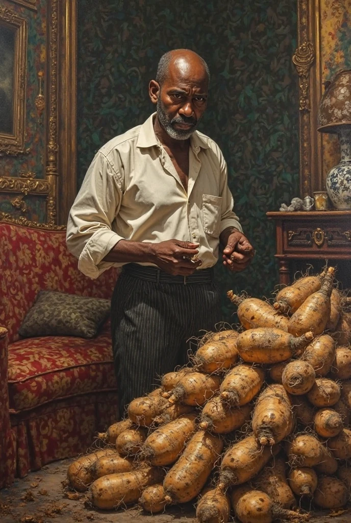 Chike an African man surrounded by wealth, but his face is tense as he watches yams rotting and his hands shaking.