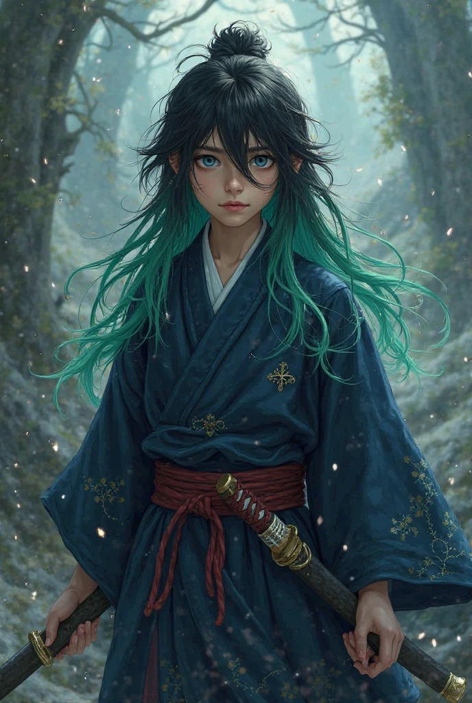 A  demon slayer boy, wearing a dark blue haori, long black hair but at the end there would be a shade of green, blue eyes, carrying a katana at his waist at the side.