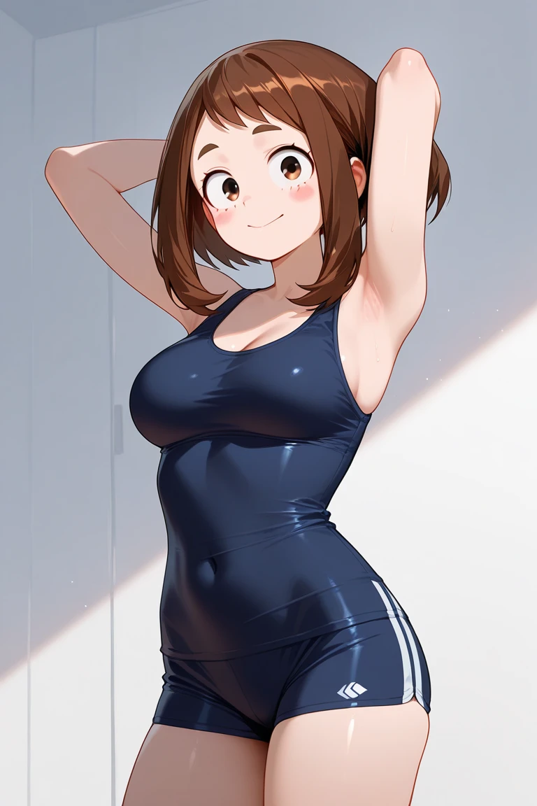 (Perfect body),Best Quality,(8K Portrait),(Official art)、(NSFW)、embarrassed from、:D、(One eye is closed)、(((blush))),(Sweat),(large udder)、((Big ass))、(Brown hair),((short-hair))、(Forehead)、((Parted bangs)), (eyes are brown),(((thick thighs)))、(A Gray Sports Bra)、(Grey sports panties)、((Arms above the head))、Armpits、