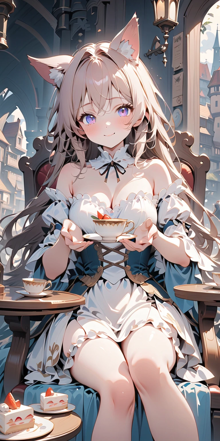 ((masterpiece)), (best quality), (highly detailed), (ultra quality), (8k wallpaper), (nice hands), (perfect hands), ((perfect anatomy)), shiny skin, Depth of field, pastel colors, kawaii, cute colors, beautiful small face, (clear face), (ultra-detailed), extremely, delicate and beautiful skin, detailed shiny hair BREAK 1girl, elf girl, pink cheek, purple hair, (very long hair), (one side up:1.2), purple eyes, (large breasts, cleavage:1.1), princess tiara, wearing Princess Dress, zettairyouiki, knee high tights with white garter belt, miniskirt BREAK arms down, at royal garden background, tea time, tea party, round table, teacup, chair, light smile, open mouth, light leaks, light particles, rim light, cowboy shot, mioha, more_details:0.5