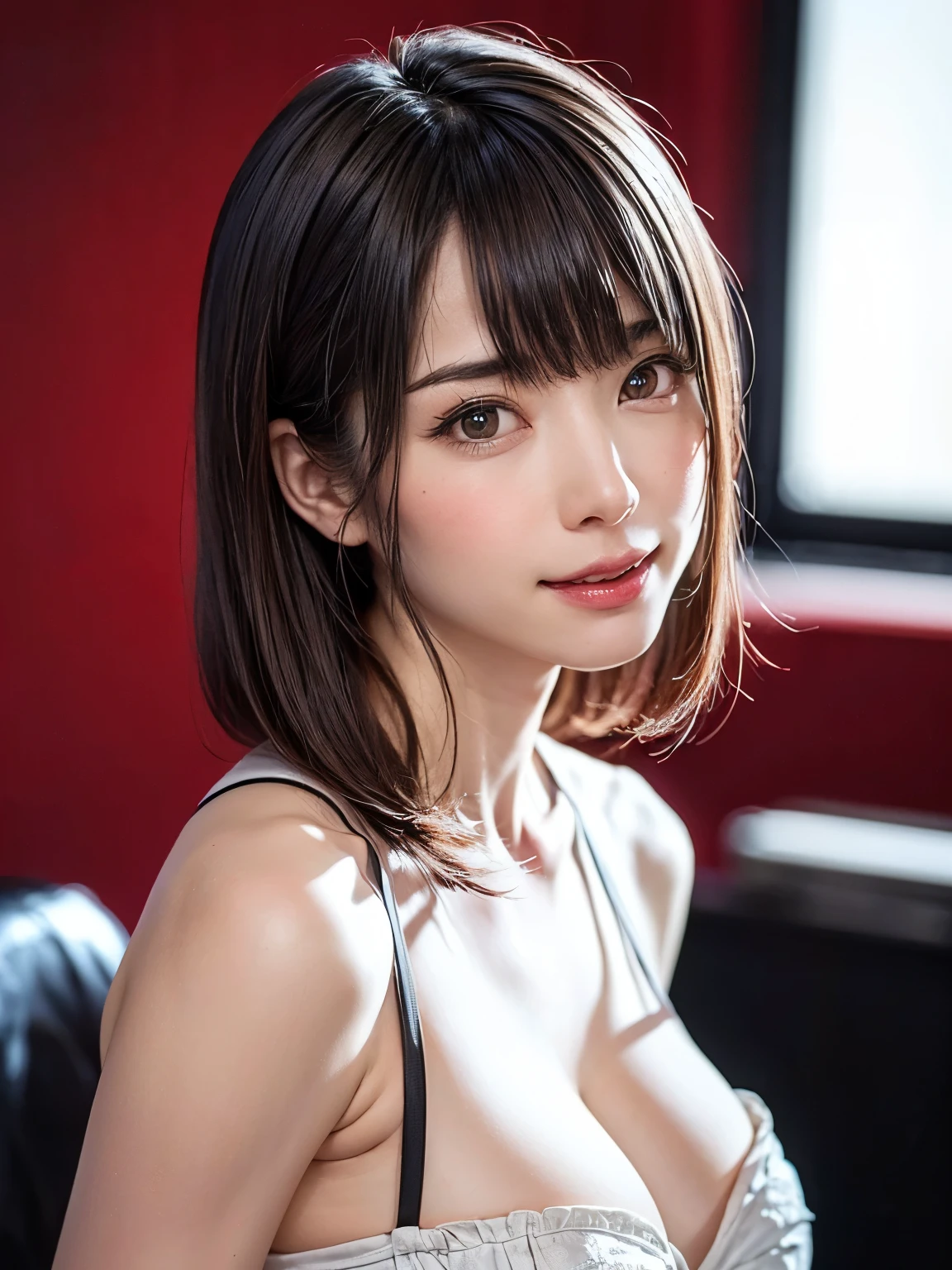 (software:1.8、masterpiece, highest quality),1 girl, alone, hyper Realistic, Realistic,Realistic, Looking at the audience, Light brown eyes:1.4,Brunette Short Bob Hair with highly detailed shiny hair, Brightly colored winter clothes, Lepangas:1.4), Outdoor, Mouth closed, Upper Body、big chest eye、eyelash、{Hugeな|big chest|Hugeなな|Mega} whole :2, chestの谷間:2、(((big chest eye、Short Bob Hair、Highlights from Students、Looking at the audience、She is very beautiful and cute、Show me your ears、Long neck、smile、Close your mouth and smile、Bangs and beautiful teeth)))、Ideal body type、（A very beautiful pure white background with nothing in it:1.6）、美しいLong neck:1.4、(({Huge|big|Hugeな|Mega} chest, chestの谷間:2、Upper Bodyは服を着ていない:1.6))、(((Portraiture:2)))、Perfect Anatomy