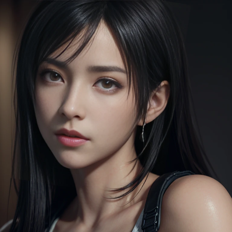 ( better quality , ultra-detailed),(realistic:1.37), Tifa Lockhart,  Beautiful and detailed face , black eye makeup,  serious expression , textura ultra realistic, delicate face,  delicate body , fitness , using lipstick and lip gloss