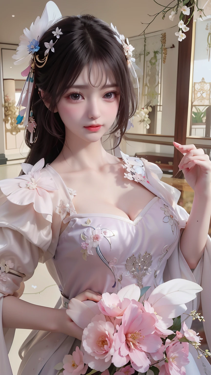(8k, RAW photo:1.2), best quality, ultra high res,dramatic angle,(fluttered detailed color splashs), (illustration),(((1 girl))),(long hair),(rain:0.9), (Headdress:1.4),There is an ancient palace beside the girl,Hanfu,(Key Points),Color ink painting,(Splash of Color),Splash of Color,(((colorful))),(sketch:0.8) , Masterpiece, best quality, beautiful painted, highly detailed,(denoising:0.6),[splash ink],((ink refraction)), (beautiful detailed sky),moon,highly,detaild,(masterpiece, best quality, extremely detailed） CG Unity 8k Wallpaper，masterpiece，best quality，Ultra Detailed），（Lycoris）. Wedding hanfu white open v open V-chested clothes Thin silk lace dress , (huge ，cleavage),, white pink and diamond ， detail art best qualtiy gold，tmasterpiece，Ultra-high resolution，（Reality：1.4），RAW photogr，（True skin texture：1.3），（filmgrain：1.elfie angle），1个Giant Breast Girl( huge, cleagve)，Beautiful eye and face details，tmasterpiece，Best quality at best，，The chest more exposed， detailed hair, bra purple and slim waist, detail 8k, upper body, ignette transparent fabric flower, blue pink white,