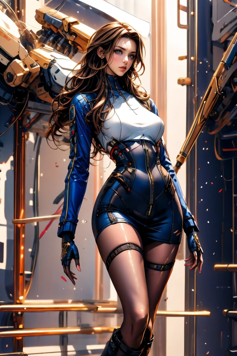 A full-body, ultra-detailed semi-realistic digital painting of a mature Croatian woman in her early 40s, with a tall, toned, elegant figure that exudes modern European sophistication. Her proportions follow a 10-heads-tall fashion model silhouette, with a modestly full bust, narrow waist, and long, shapely legs. Her posture is upright and relaxed, one hip subtly tilted, conveying silent confidence. Her skin is soft ivory with a beige undertone and natural glow. Her facial features are distinctly European—angular cheekbones, a long narrow aquiline nose, and a sharply contoured V-shaped jawline that gives her face refined definition. Her eyes are elongated, narrow, and slightly slanted at the outer corners, creating a poised, fox-like gaze. They are deeply set beneath delicately arched brows, reinforcing her sharp expression. Her lips are medium-thin with a crisp Cupid’s bow, colored in matte mauve. Her makeup is cool and sculptural: metallic taupe shadow extended into a clean wing, light smoky shadow below the eyes, and subtle highlights that enhance the bone structure. She wears a modern race queen outfit: a navy zip-up crop top with structured silver accents, sleek and minimal in design. The ultra-short skirt matches in navy and silver with diagonal contrast and integrated sponsor logos. Navy thigh-high boots with side zippers and fingerless gloves complete her precise, aerodynamic look. Her chestnut brown hair is straight, polished, and waist-length, parted at the center and falling cleanly behind her shoulders without bangs or accessories. She stands at a contemporary European-style racetrack with sleek architecture and cool natural lighting, her elegant form sharply defined against a soft urban backdrop. Masterpiece, best quality, semi-realistic, 8K resolution, cinematic lighting, hyperrealistic portrait, finely detailed.