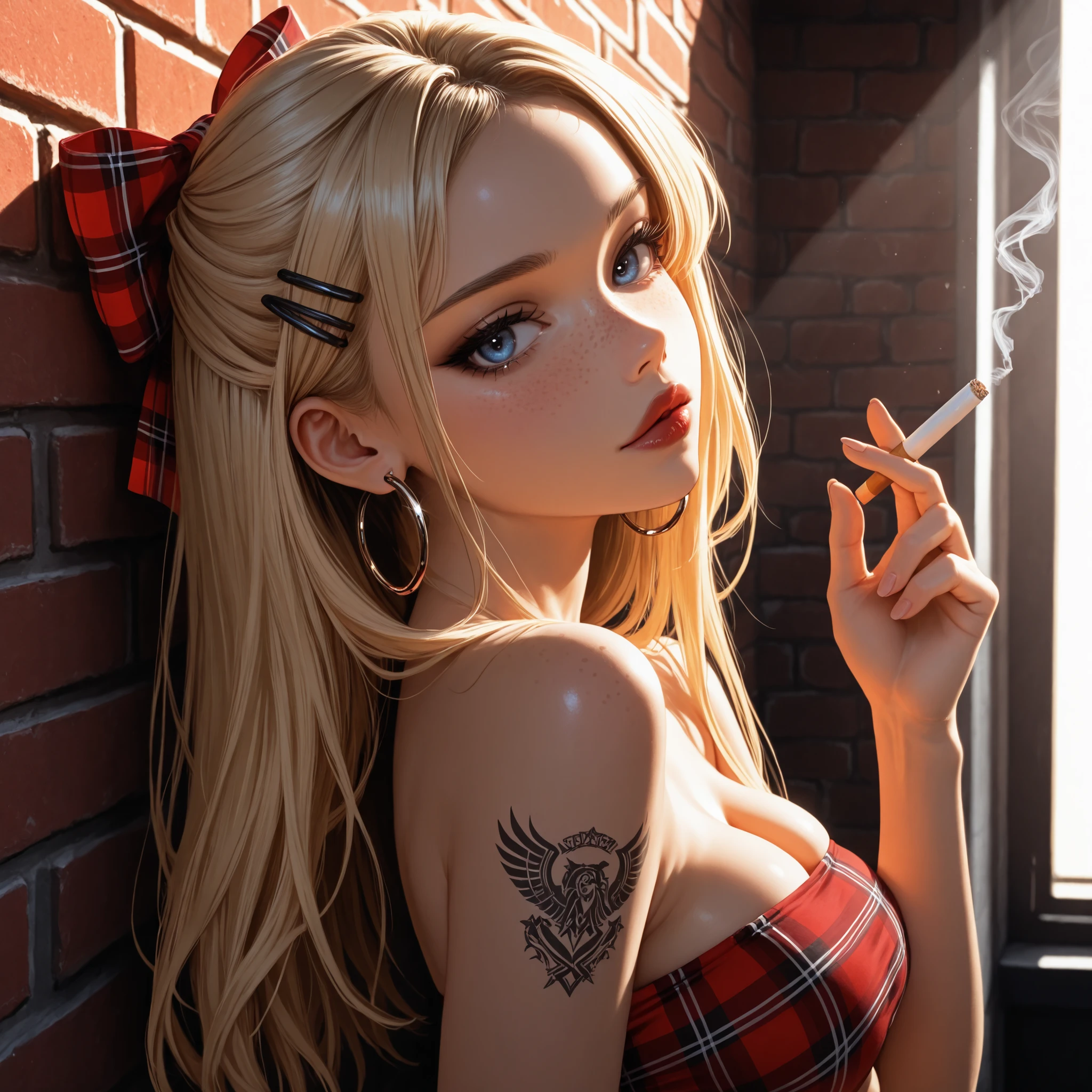 24 year old girl, leaning back against old brick wall, juicy full lips, glossy lips, view from side, blue eyes, dark makeup, dark red shiny lipstick, alt girl, holding cigarette, close up, 1girl, Solo, High Resolution, looking at viewer, Bangs, Hair Bow, Masterpiece, High Resolution, Anatomically Correct, Detail, High Details, High Quality, Hoop Earrings, cute freckles, seductive expression, plaid Hair Ribbon, Jewelry, Hair Clip, Backlighting, Bloom, Cinematic Lighting, God Rays, score_9, score_8_up, score_7_up, cinematographic film image, blonde, influencer, model, beautiful, tattoo sleave, tube top, medium breasts,