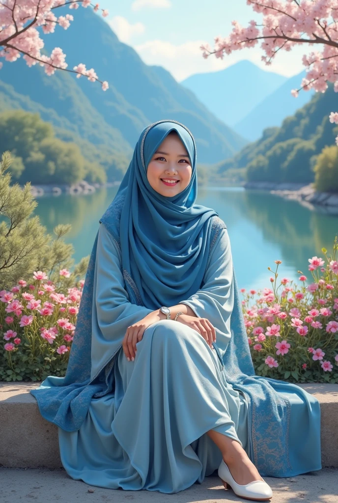 TYPE : Beauty Photography
THEME : natural
RACE : Indonesian, young
PERSON 1 : Early 20s, woman hijab
SCENE : outdoor , a green tea garden that is fresh and dewy like after the rain ,graceful smile , creating an beauty atmosphere , beautiful expression , graceful pose . smile
PROPS: soft white hijab , wearing soft blue long dress made drom chiffon fabric, ceviro nakaki bag , lush bushes , green tea tree with leaf and dew detail
CAMERA : photographed using an Canon eos 90d DSLR camera with 18-135mm lens , detailed skin texture , detailed face , close up  , best preset lighting , detailed background , detailed trees , detailed leaf and bushes . trees texture . leaf texture ,
COMPOSITION : rule of thirds ,
ANGLE : Through a leaf view
