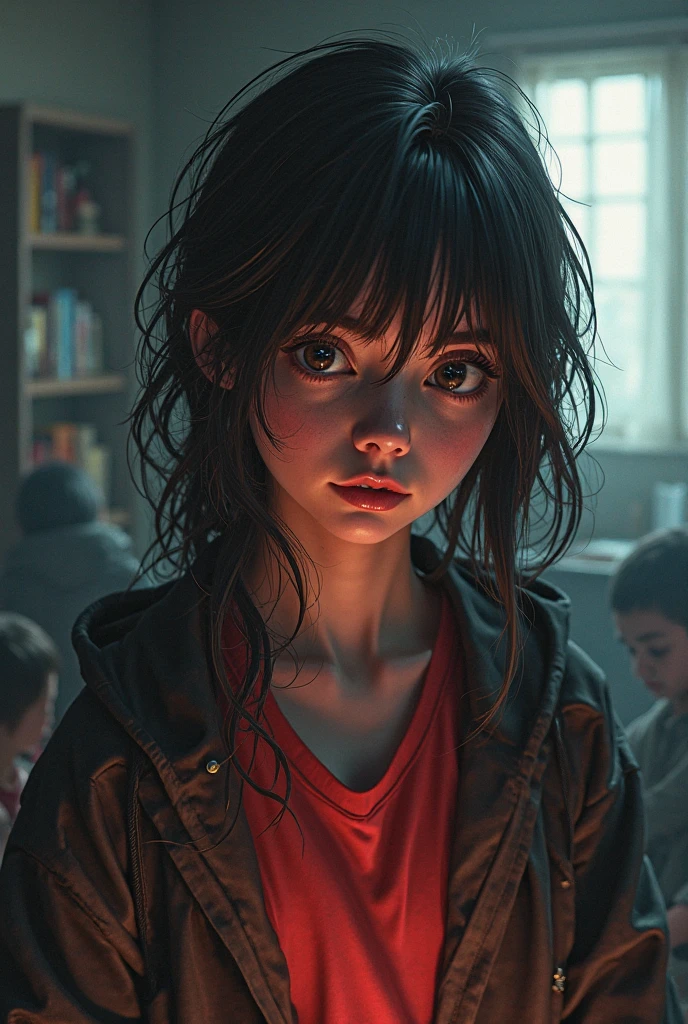 ((RAW Photo), absurd, (absurdresolution)), masterpiece, best quality, (Extremely detailed 8k unity CG wallpaper), (best illustration), (best shadow), Realistic lighting, beautiful detailed glow, Школьный коридор, девушка которая окружена с 3 парнями. Один темнокожий и с кудрявыми волосами, с черной рубашкой и с черными штанами. Второй парень милый, улыбается и с коричнево - кудрявыми волосами с разноцветной футболкой. А третий парень красив, харизматичен и со свободной формой. У него темные коричневые волосы. А девушка с коричнево золотистыми волосами, с нежно розовой помадой в золотистом очки в глазах и на руке держит много бумаг и цветок ромашку и смотрит на экран дерзко но устало. Им на вид пусть будет 18 лет всем. 