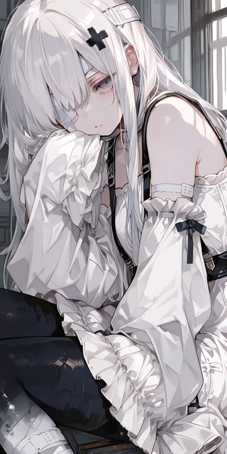 A girl with white hair and brown eyes and big breasts and a big ass in black clothes sucking a huge penis While she sucks and sucks a black penis