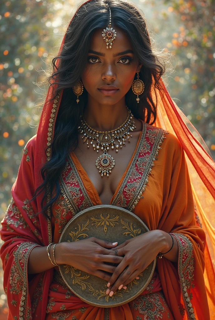 Dark-skinned Arab woman in tunic and ornaments holding a dancing tambourine 