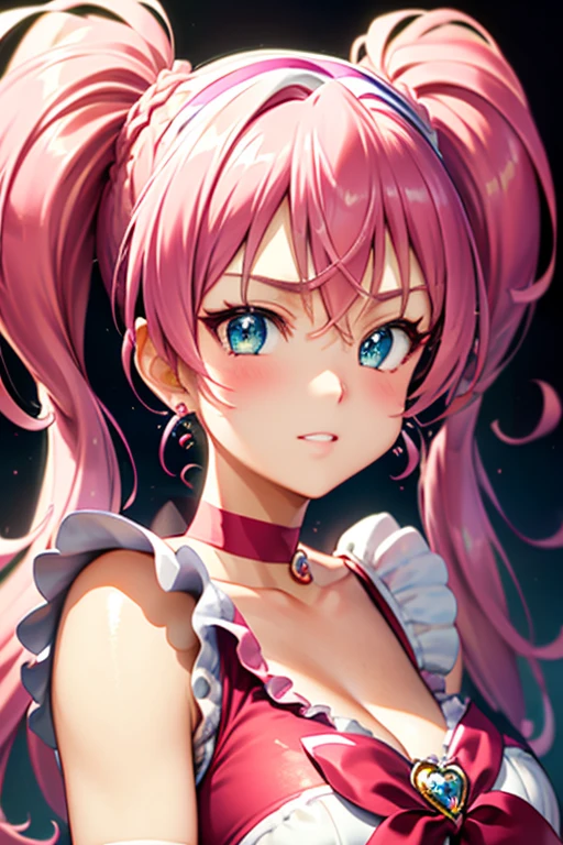 (masterpiece:1.2), best quality, high resolution, unity 8k wallpaper, (illustration:0.8), (beautiful detailed face:1.2, beautiful detailed eyes:1.2), perfect lighting, extremely detailed CG, (perfect hands, perfect anatomy),
Cute, beautiful, charming lady, shiny hair, lustrous skin, beautiful light big eyes,
milf, married woman, soft With a gentle appearance and a gentle mother-like atmosphere,
Feminine style, beautiful kubire, beautiful, naughty face,
melody_a, pink hair, long hair, twintails, blue eyes, pink bow, choker, pink choker, jewelry, magical girl, cure melody dress, frills, midriff, skirt, frilled skirt, thighhighs, pink thighhighs, pink shoes,