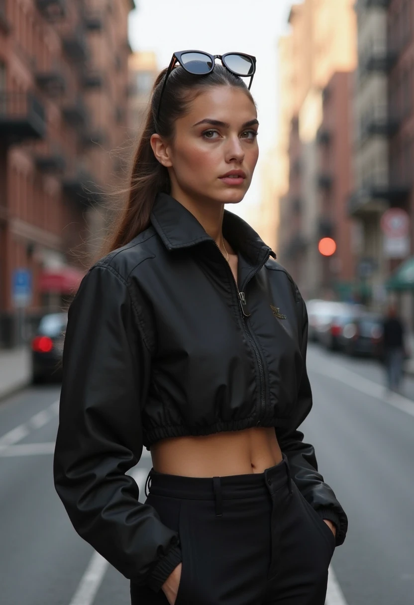 Generate a realistic, human-captured image of a person wearing a crop top paired with a satin skirt.