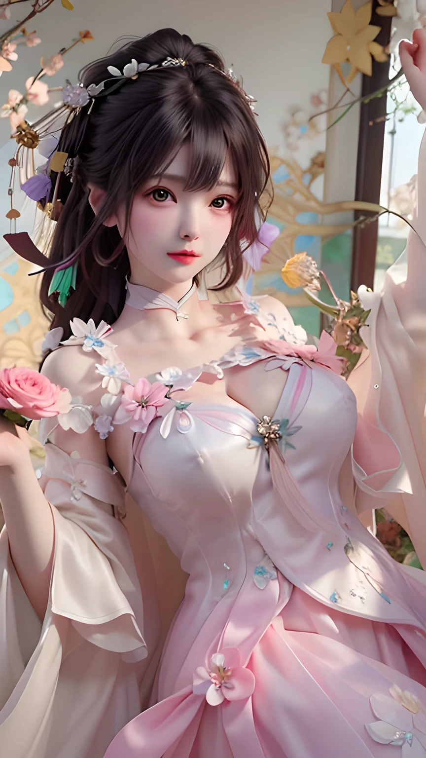 （（best qualtiy））， （（tmasterpiece））， （detail：1.4）， Beautiful cyberpunk female images，hdr（HighDynamicRange），Ray traching，NVIDIA RTX，Hyper-Resolution，illusory 5，sub surface scattering，PBR textures，post-proces，Anisotropy Filtering，depth of fields，maximum definition and sharpness，Many-Layer Textures，Albedo e mapas Speculares，Surface coloring，Mitsu-Accurate simulation of material interactions，perfectly proportioned，rendering by octane，Two-colored light，largeaperture，Low ISO，White balance，Rule three points、8K raw data、Beautiful bright blue pupils，off-the-shoulder clothes，Fine pupils，Delicate face and eyes，long eyelasher，Blushlush，Delicate and fluffy hair，pink lip，Pure，Cute face，Sweet girl，Artistic sense，Casual wear，Advancedsense，butterflys，Cherry blossom petal，Beautiful hair accessories，Long hair and waist，Hair fluttering in the wind，wedding gown，curlies