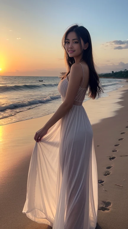 22year old beautiful girl、Beauty、Japanese、Beauty、beautiful girl、slim、Highest quality、Realistic、16K、panoramic、((Best Quality, 8k, Masterpiece: 1.3)), 1 girl, full body, slim face, beautiful woman,Only one girl、((Perfect body)))、(masterpiece)、((Highest quality))、(Ultra-detailed)、((Very delicate and beautiful))A woman from Arad in a dress stands on a boat and looks out at the water, As the sun sets, Watching the beautiful sunset, With the sunset, Sunset and big clouds behind her, vivid sky, At sunset, The sun sets late, Shot with Canon EOS 5D Mark IV, In the sunset, sunrise, The sun sets late, At sunset, Shot on Sony Alpha 9、smile