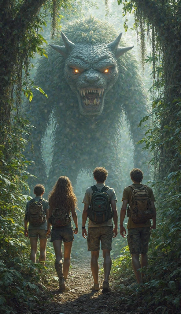 jungle adventure, horror, fantasy,other worlds, absrtact, realistic photo, 1 girl, monster, full body shot, panoramic view, girl and monster in jugle