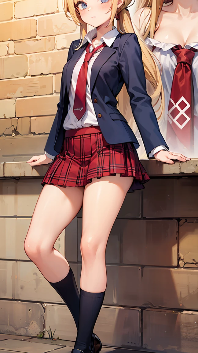 Main girl is beautiful and cute, full body, full body illustration, best illustration, elementary school student, realistic and elaborate uniform, high school uniform, ((highest quality)), ((masterpiece)), (detail: 1.4), anatomical, award-winning concept art, beautiful, fine details, portrait, look viewer, (full body view)), 1 girl, full body, solo, 6 years old, elementary school student, child actor, golden hair, blonde, semi-long hair, red and pink eyes, large eyes, the pupil of the left eye is star-shaped, characteristic pupil of the left eye, the pupil of the left eye is clear, the pupil of the left eye is detailed, dark brown blazer, maroon sweater, checked skirt, dark green and maroon skirt, black hyso, orange large ribbon, white blouse, underwear, panties, skirt, white panties, wet, shirt, wet clothes, skirt lift, blush, classroom, navel,lift below chest, clothing lift, easy background, lifting clothes, uniform, Japan cute uniform, blazer, look away, short sleeve, loli, skinny, elementary, loli, baby face, cute, young appearance, fantastic visual depiction, professional effect, beautiful girl, petite girl, sweaty transparent clothes, unevenness, absurdity,heel-up loafers, golden hair, Red and pink eyes, the main girl is beautiful and cute