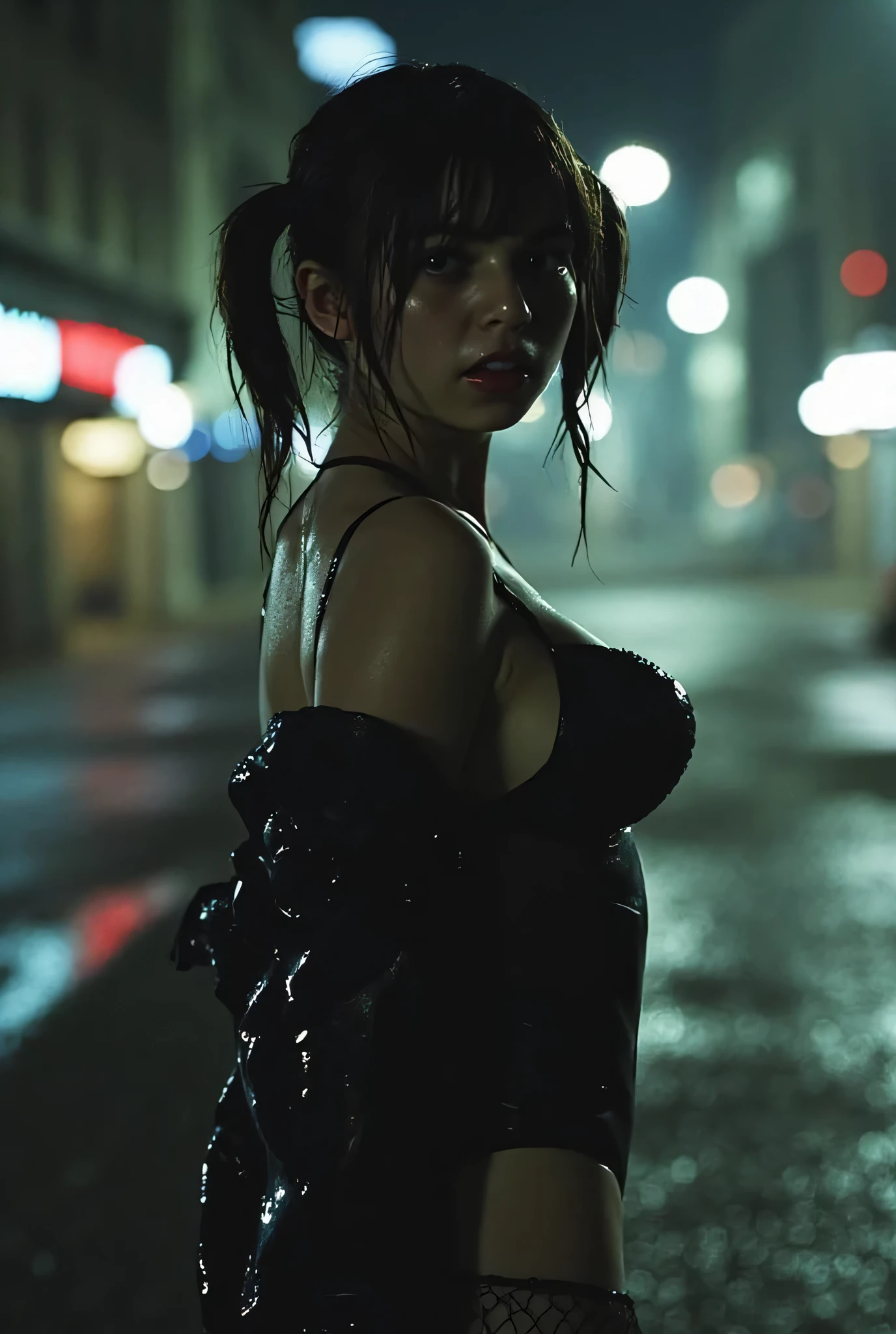 (((Burning Up Early 20th Century European Town:2.0))),((Midnight City:1.7)),(((WW2 Era Atmosphere:2.0))),side view from the back,Side pose,((Looking back and looking at the camera:2.0)),((look back over my shoulder:2.0)),Rear View,One female clown,(cute face:2.0),(Beautiful well-balanced face :2.0),((Twin tails with bangs:2.0)),(Beautiful Eyes:1.3),glamorous shot of a 20-year-old Japanese woman,Beautiful slender body,((model body type:2.0)),((slim body:1.7)),Perfect Body Line,ideal proportions,(big breasts:2.0),((スリーサイズ90-58-86:3.0)),((G Cup Breasts:2.0)), popup,Bare thighs,Sensual Thighs,delicate body,(muscular:1.5),((beautiful tight butt:2.0)),((cute ass:2.0)), ((((bare ass :2.0)))),(((T-back:2.0))),natural posture,(Realistic breast depiction :1.5),Carefully Depicting Limbs Based on Perfect Anatomy,((Black Super High Leg Leotards in Nazi Military Uniforms:1.5)),((Fitted Latex Super Hi-Leg Leotard:2.0)),((Leather long coat with an open back over a leotard:2.0)),((rough mesh black fishnet tights:2.0)),((Nazi Army General's Hat:2.0)),(gloves:1.3),concept art,(top quality:1.5),(masterpiece:1.5),(超高resolution),resolution,UHD,(delicate depiction), carefully drawn with butterfly wings ,32k,((realistic skin texture:1.5)),(((super realistic:1.5))),carefully draw eyelashes,highly detailed face,Highly detailed female hand,Extremely Sensual,(Blurry Dim Backgrounds :1.5),Professional Photography,(movie lights:2.0),((Blade Runner style lighting:2.0))