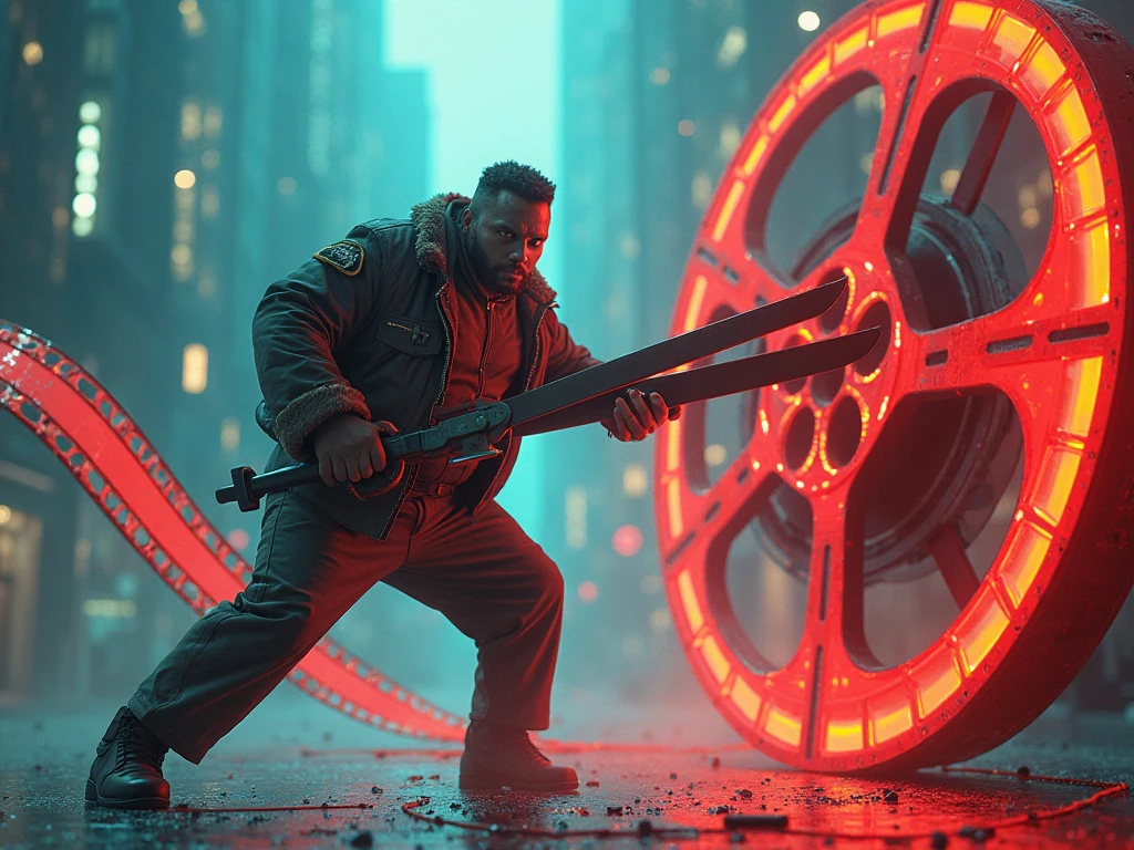 one man big scissors on his hand like a weapon, he is cutting a colour ful video reel. reel also big and define, image also bright and colour ful.