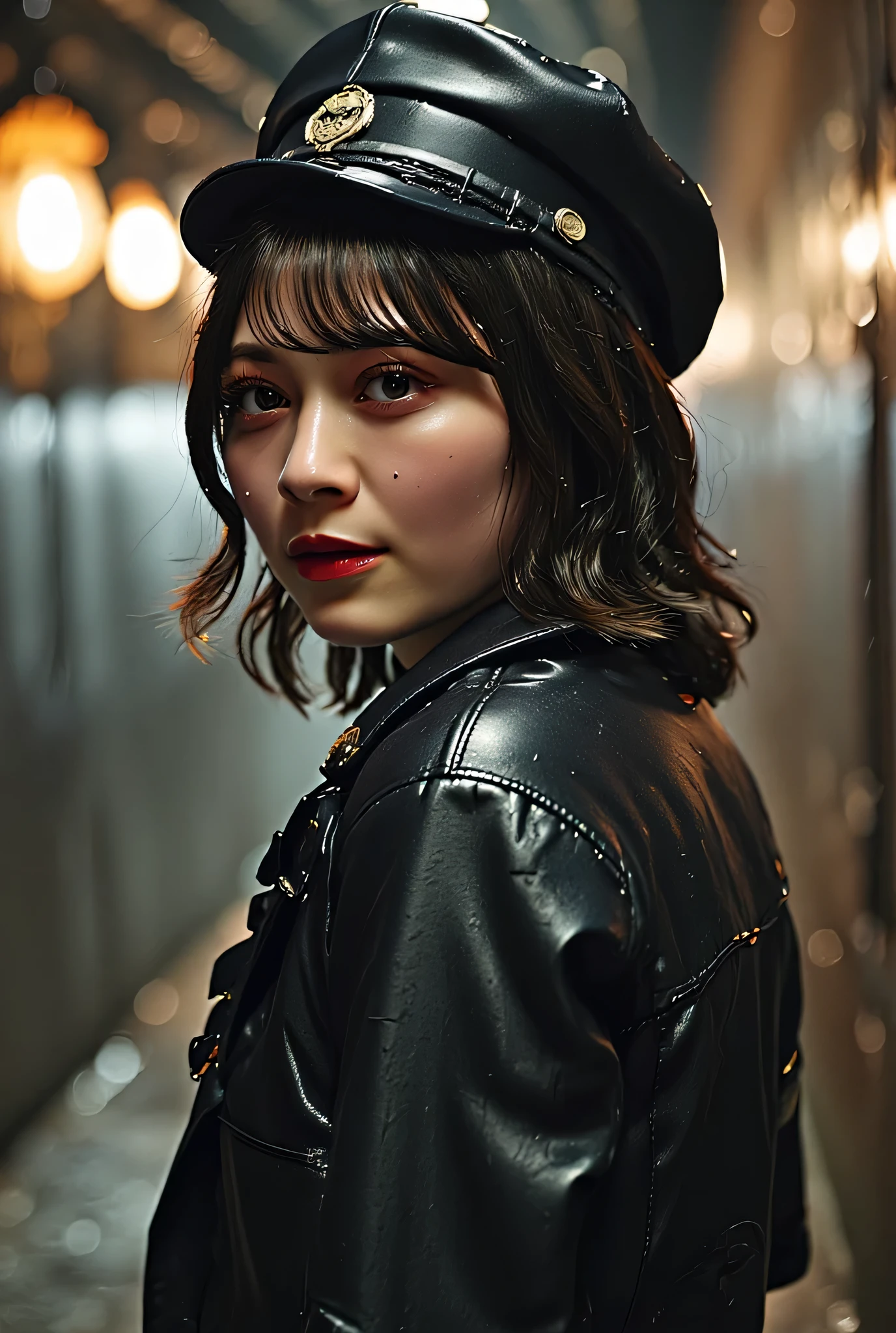 (((Burning Up Early 20th Century European Town:2.0))),((Midnight City:1.7)),(((WW2 Era Atmosphere:2.0))),side view from the back,Side pose,((Looking back and looking at the camera:2.0)),((look back over my shoulder:2.0)),Rear View,One female clown,(cute face:2.0),(Beautiful well-balanced face :2.0),((Twin tails with bangs:2.0)),(Beautiful Eyes:1.3),glamorous shot of a 20-year-old Japanese woman,Beautiful slender body,((model body type:2.0)),((slim body:1.7)),Perfect Body Line,ideal proportions,(big breasts:2.0),((スリーサイズ90-58-86:3.0)),((G Cup Breasts:2.0)), popup,Bare thighs,Sensual Thighs,delicate body,(muscular:1.5),((beautiful tight butt:2.0)),((cute ass:2.0)), ((((bare ass :2.0)))),(((T-back:2.0))),natural posture,(Realistic breast depiction :1.5),Carefully Depicting Limbs Based on Perfect Anatomy,((Black Super High Leg Leotards in Nazi Military Uniforms:1.5)),((Fitted Latex Super Hi-Leg Leotard:2.0)),((Leather long coat with an open back over a leotard:2.0)),((rough mesh black fishnet tights:2.0)),((Nazi Army General's Hat:2.0)),(gloves:1.3),concept art,(top quality:1.5),(masterpiece:1.5),(超高resolution),resolution,UHD,(delicate depiction), carefully drawn with butterfly wings ,32k,((realistic skin texture:1.5)),(((super realistic:1.5))),carefully draw eyelashes,highly detailed face,Highly detailed female hand,Extremely Sensual,(Blurry Dim Backgrounds :1.5),Professional Photography,(movie lights:2.0),((Blade Runner style lighting:2.0))