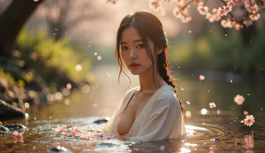 A beautiful, sexy Asian woman bathing in a peaceful forest stream, the sunlight gently shining through the trees, gentle expression, wearing a revealing sexsy white robe, cherry blossom petals falling around her, peaceful and dreamy atmosphere, high definition, cinematic lighting, surreal, natural color.