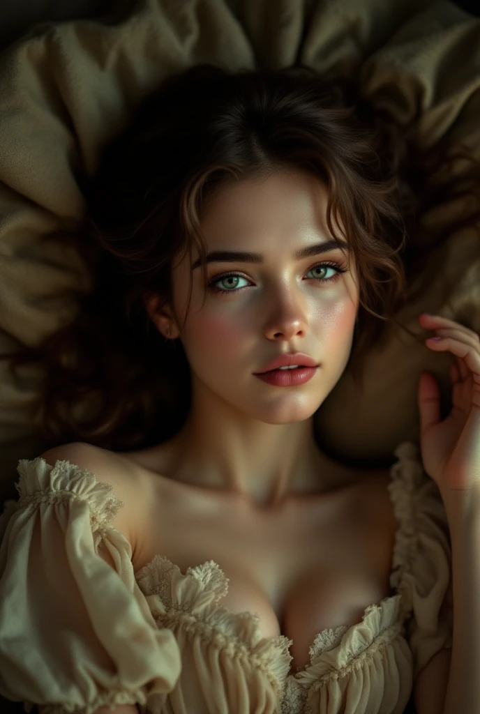 (photorealism:1.2), Using pjaymas, beautiful Queen, at bed, from upper points of view with zoom, shy smile
