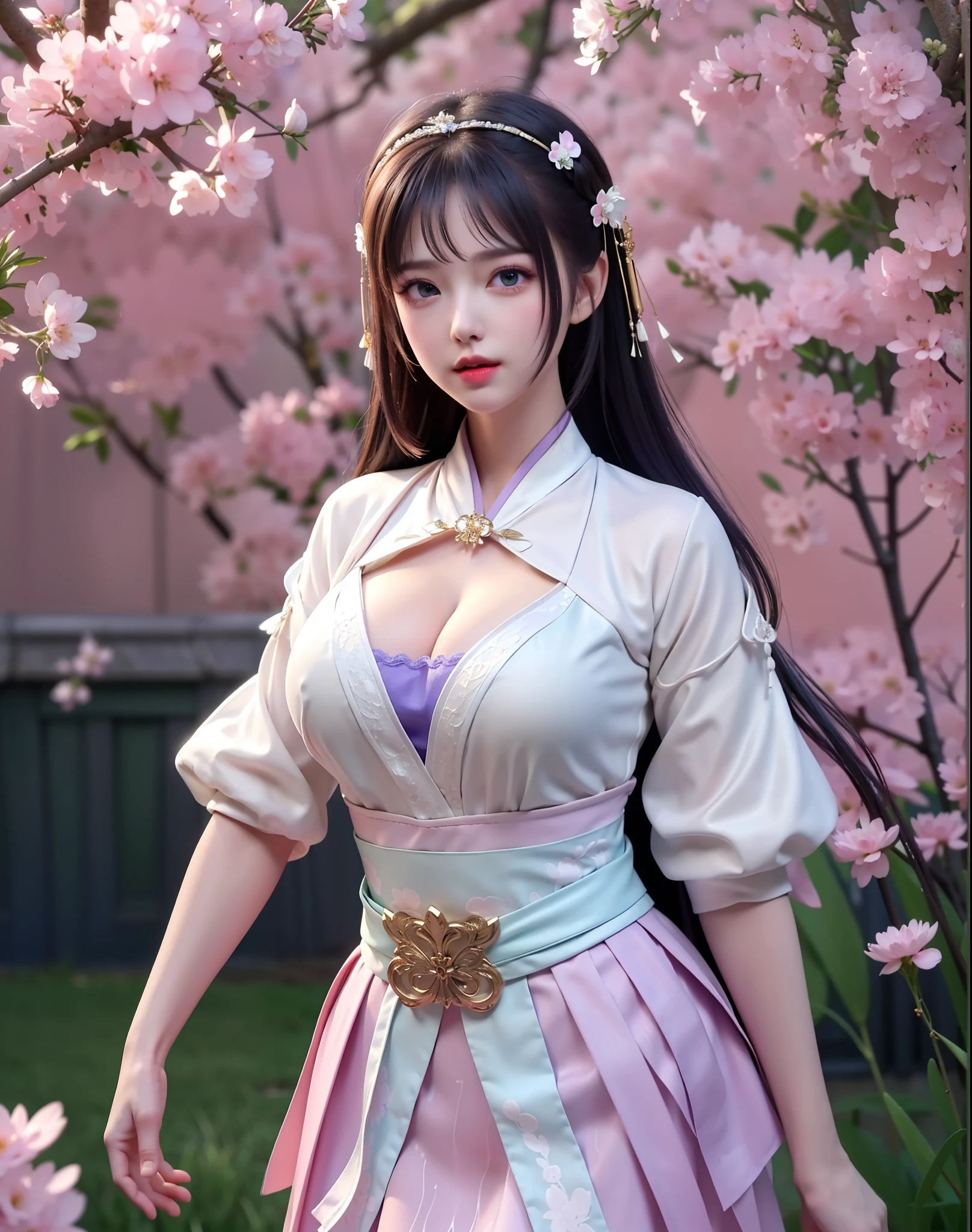 (8k, RAW photo:1.2), best quality, ultra high res,dramatic angle,(fluttered detailed color splashs), (illustration),(((1 girl))),(long hair),(rain:0.9), (Headdress:1.4),There is an ancient palace beside the girl,Hanfu,(Key Points),Color ink painting,(Splash of Color),Splash of Color,(((colorful))),(sketch:0.8) , Masterpiece, best quality, beautiful painted, highly detailed,(denoising:0.6),[splash ink],((ink refraction)), (beautiful detailed sky),moon,highly,detaild,(masterpiece, best quality, extremely detailed） CG Unity 8k Wallpaper，masterpiece，best quality，Ultra Detailed），（Lycoris）. hanfu open v   open V-chested clothes Thin silk lace dress , (huge ，cleavage),, white pink, blue ，best qualtiy，tmasterpiece，Ultra-high resolution，（Reality：1.4），RAW photogr，（True skin texture：1.3），（filmgrain：1.3），（Selfie angle），1个Giant Breast Girl，Beautiful eye and face details，tmasterpiece，Best quality at best，，The chest more exposed， detailed hair, bra pink , detail 8k, full body, lace petticoat, fan handle