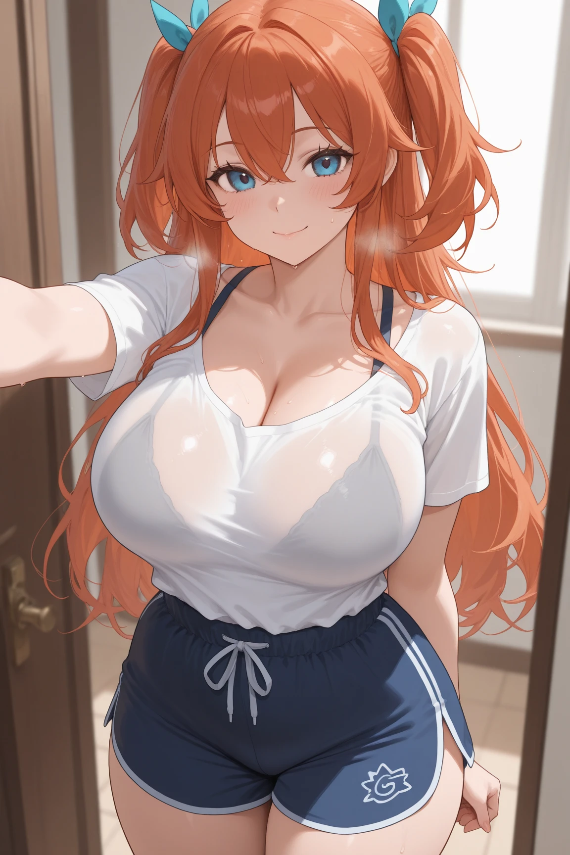(Red Hairと青い目をしたAnime Girls), (Huge breasts)、(Red Hair)、Loose mid-cut T-shirt,((I can see my belly button))、No underwear, ((Shoulder visible shirt)), (Micro Mini Skirt:1.2),Attractive Anime Girls, Anime Girls with long hair, Beautiful Anime Girls, Cute Anime Girls, Anime Girls, Cute Anime Girls, Best Anime Girls, Moe anime art style, visual anime of a cute girl, Portraits of Anime Girls, Anime Girls, Fascinating Anime Girls, (Anime Girls), 若いAnime Girls、Yellow star hair ornament