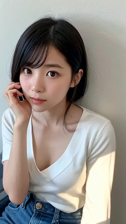 ((highest quality, 8k, Tabletop: 1.3, RAW Photos)), Sharp focus: 1.2, (1. AESPA Girl :1.1), alone, (Realistic, Realistic: 1.37), (Face Focus: 1.1), Cute face, Ultra detailed face, Short, unkempt hair, (Updo: 1.2), Small breasts, Flat Chest, (A neat silk camisole), Hotel Bedroom, (Lying face up on the bed: 1.3), Cinema Lighting