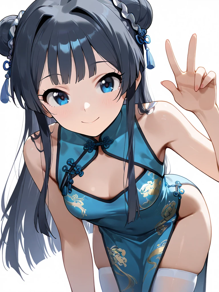 1womanl,Black hair,14years ,(()),Beautiful breasts,(((sexy white and blue shiny cheongsam)))(())(((Blushing cheeks、Smile with open mouth)),(((Satin Narico))),((( portlate))),Crowds,white and blue cheongsam