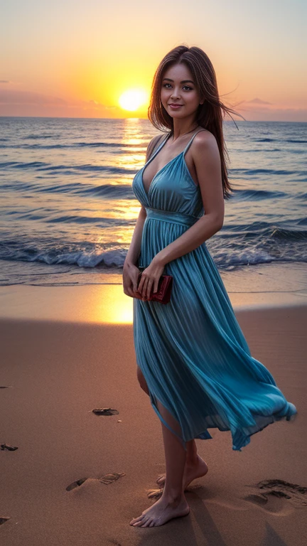 High contrast, (8K wallpapers: 1.3), realistic, octane rendering, realistic, (realistic face: 1.2), sharp focus, (masterpiece), (best quality), (specular illumination: 1.5), face light, (goddess, flowing long hair: 1.3), noble and gorgeous, 1 goddess, standing by the water, reflection, real, slim figure, sky blue and light pink evening dress, crystal necklace, gorgeous fabric, diamond earrings, metal bracelet, atmospheric walking posture, red lip, high heels, White stockings, light effects, sparkling blue sky, desert, (gorgeous:1.2), (elegant:1.1), (confident:1.1)
