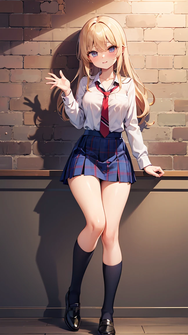 Masterpiece: 1.4), (Best Quality: 1.4), 8K, HD, Ultra Clear, 1Girl, (Big: 1.4), Long Blonde Hair, (Heart-Shaped Pupil: 1.3), Frightened: 1.3, (Laughing: 1.4), Skirt, (Looking Up), Bedroom at Night, Necklace, Messy Clothes, Shy, Bluch