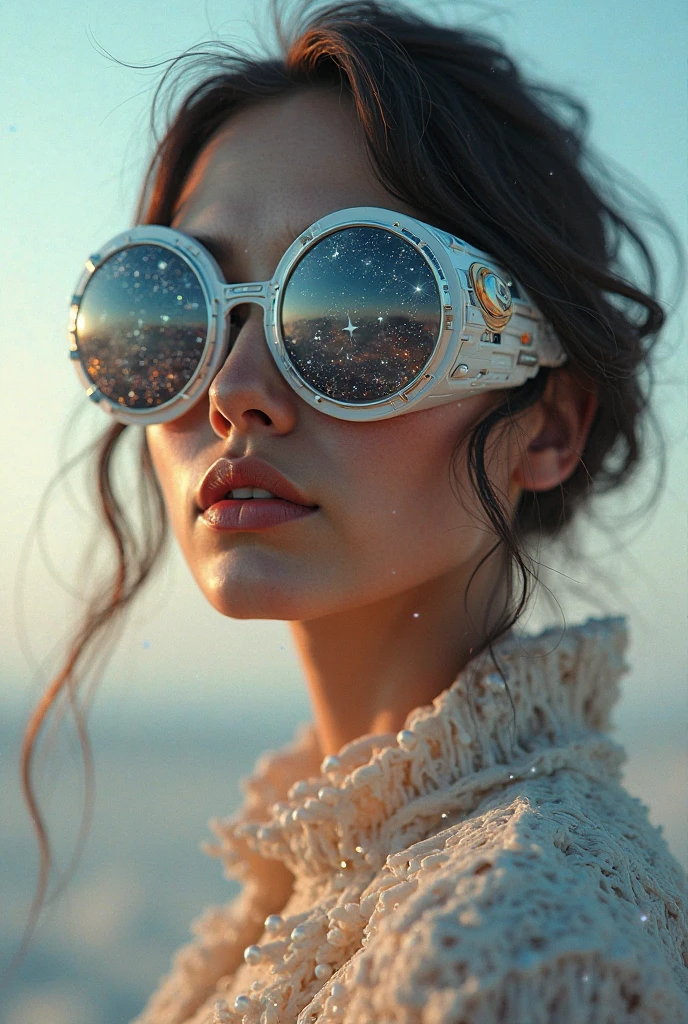 The model is wearing glass sunglasses with stars and the moon on the glass