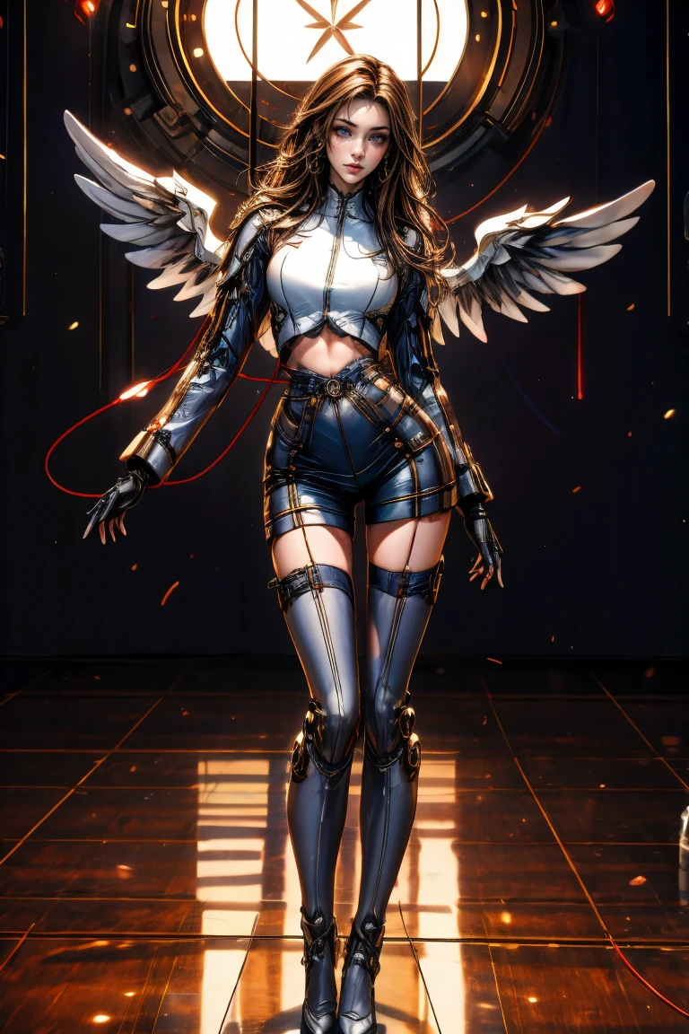 **Prompt:** Create an ultra-realistic 8K resolution image of a Harpy reimagined as an ultimate mechanic being while retaining the core features of the mythical creature. The Harpy has been transformed into a powerful cybernetic entity, with her human and avian features seamlessly integrated into a futuristic design. Her upper body, still feminine, is now armored with sleek, metallic plating that mimics the contours of a bird's feathers, glinting with a chrome finish. Her eyes glow with a cold, mechanical light, showing a fusion of organic and artificial intelligence.

Her wings, once feathered, are now composed of sharp, segmented metal blades, each one capable of slicing through the air with precision. The wings also feature jet propulsion systems, giving her enhanced speed and maneuverability. Her talons are reinforced with advanced alloys, making them even more formidable, while the lower half of her body is equipped with mechanical limbs that retain the bird-like structure but are enhanced with hydraulics and advanced robotics.

The background is a high-tech environment, possibly a futuristic hangar or a battlefield, filled with sparks, machinery, and digital interfaces. The Harpy stands ready, embodying the perfect blend of mythological terror and cutting-edge technology, a symbol of both the past and the future in one formidable figure.