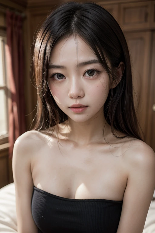 (portrait, editorial photograph of a beautiful asian girl, adorable face, freckles,  long brown curly hair, hazel eyes, by lee jeffries, nikon d850, film stock photograph ,4 kodak portra 400 ,camera f1.6 lens ,rich colors ,hyper realistic ,lifelike texture, dramatic lighting, (highly detailed face:1.4), perfect eyes, realistic iris, perfect teeth, (smile:0.7), (background dark, moody,), sun rising, early morning light, masterpiece, best quality, photorealistic, Citizen of Guinea-Bissau, very cute super model, perfect anatomy, skinny, ((small breasts)), ((upper body shot:1.5)), ((small niplles:1.3)), ((topless:1.4)),
