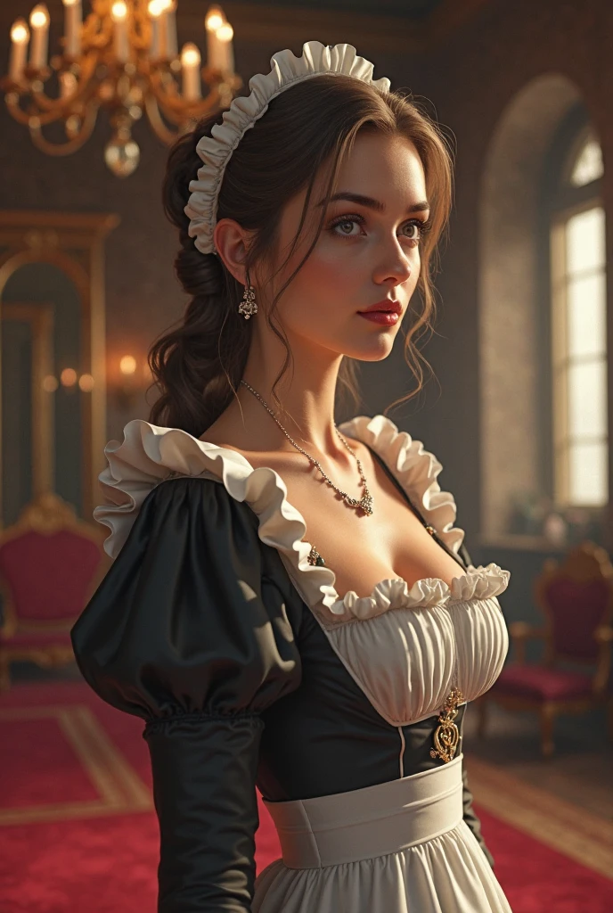 young maid, maid outfit, young woman, a young maid, beautiful woman in maid outfit, standing in a medieval castle interior, looking curious and slightly shy, detailed facial features, delicate expression, elegant posture, 8K, high resolution, photorealistic, professional illustration, medieval castle hall interior, ornate furniture, chandelier lighting, warm lighting, dramatic shadows, detailed textures, cinematic composition, digital painting, masterpiece