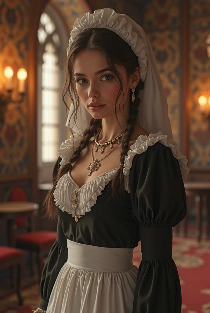 young maid, maid outfit, young woman, a young maid, beautiful woman in maid outfit, standing in a medieval castle interior, looking curious and slightly shy, detailed facial features, delicate expression, elegant posture, 8K, high resolution, photorealistic, professional illustration, medieval castle hall interior, ornate furniture, chandelier lighting, warm lighting, dramatic shadows, detailed textures, cinematic composition, digital painting, masterpiece