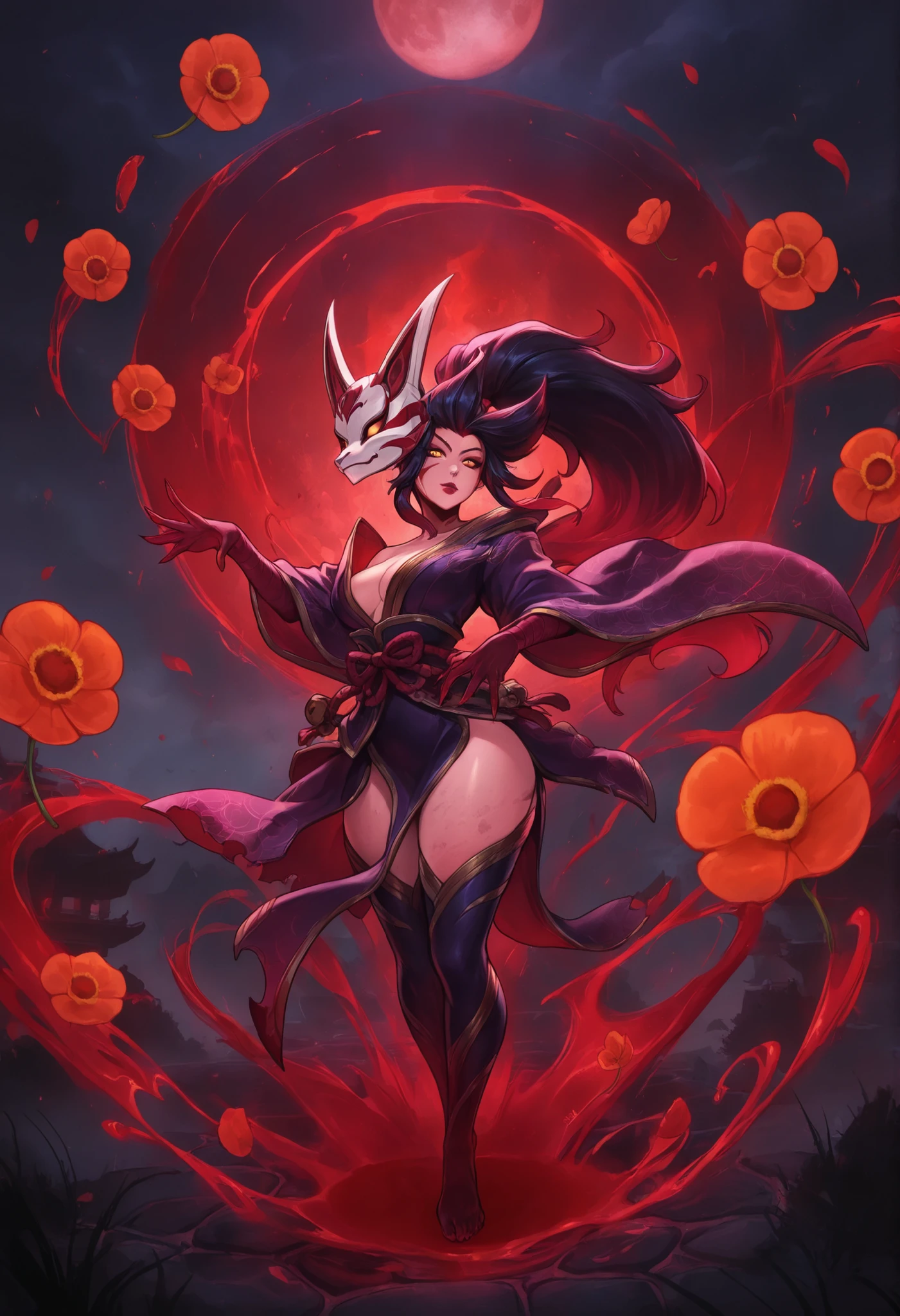 Poppies  (League of Legends),1 Girl, demon hunter from the Edo period, [torn kimono sleeve revealing a cursed seal],  
[action: iaijutsu pose with traces of blood fog],  
[ Emoji: intense glare tilting with a fox mask],  
[Details: ukiyo-e cloud pattern, shadow of a floating lantern],   masterpiece, best quality, newest, high resolution, absurd,