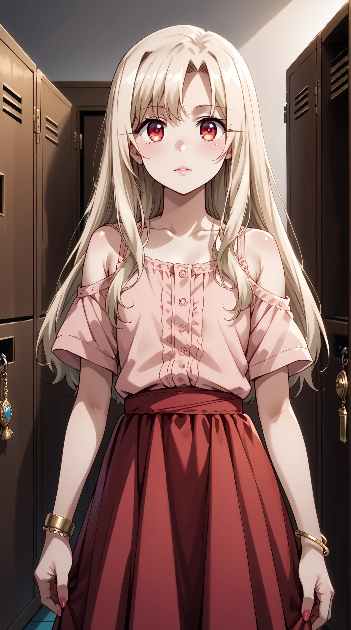 score_9, score_8_up, score_7_up, source_anime, 4K,perfect fingers,(perfect hands, perfect anatomy),prefect lighting, very aesthetic, intricate details,highly detailed background, masterpiece, high quality, best quality, 
1girl,illyasviel von Einzbern, long hair, blonde hair, red eyes, parted bangs, Large Breast,
wearing ((bangle, bare shoulders, bracelet, dress, jewelry, short sleeves, shiny clothes,  )),
A sagging breast,  changing room, lockers, facing viewer, standing,